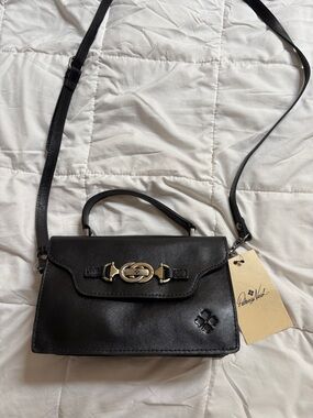 Patricia Nash Black Leather Top-Handle Crossbody with Gold Hardware
